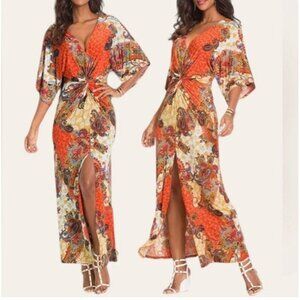 VENUS Large Orange Paisley Boho Retro Twist V Neck Front Long Dolman Maxi Dress
